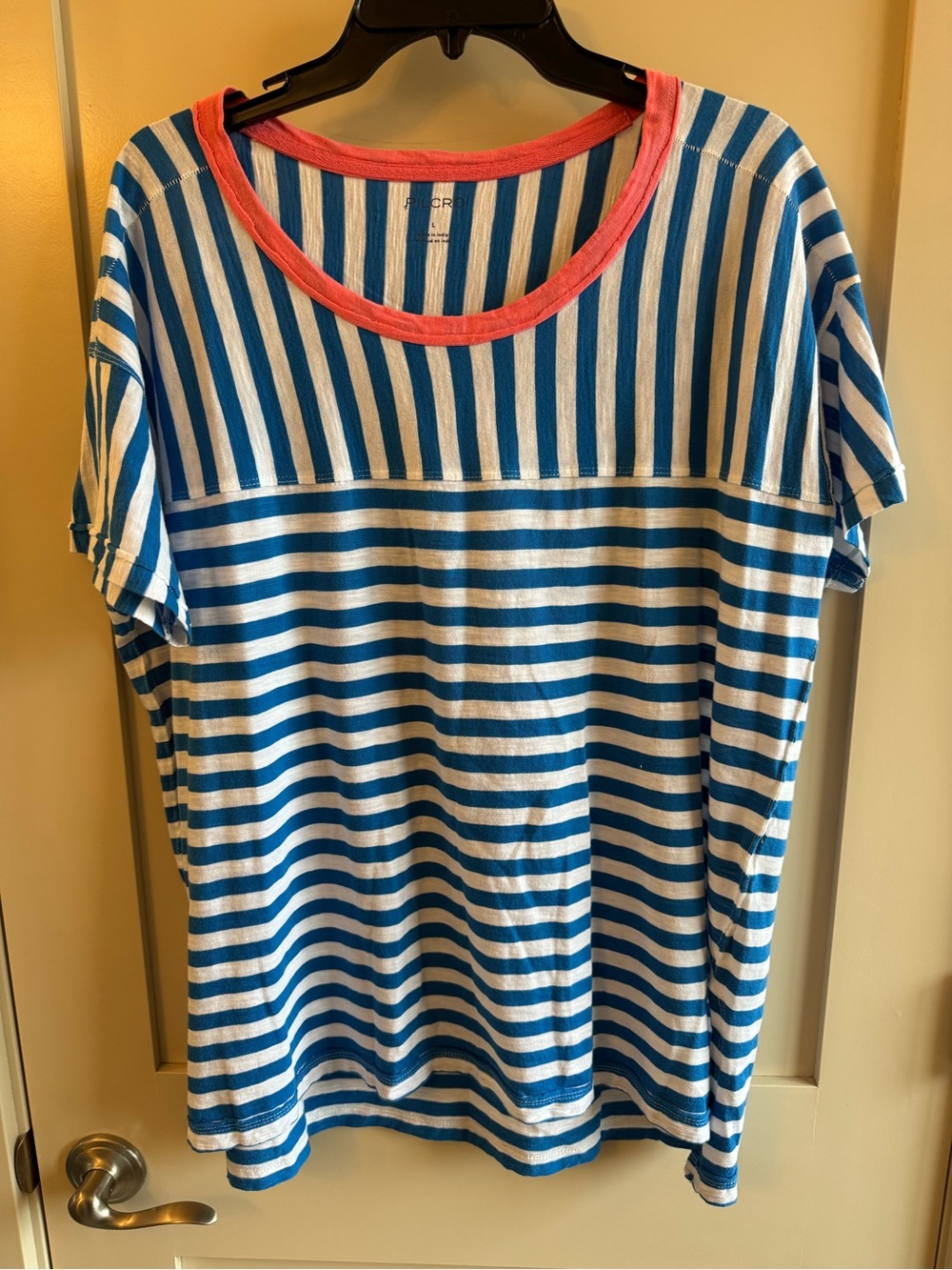 Pilcro Blue and White Striped Tee with Pink Trim